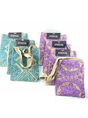 Jute Messenger Gift Party Bags Lot of 7 Mandala Design Purple and Teal Blue